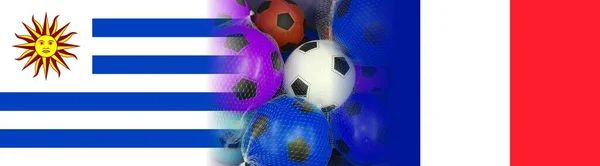Uruguay Frankrijk Vlaggen Met Voetbalballen — Stockfoto