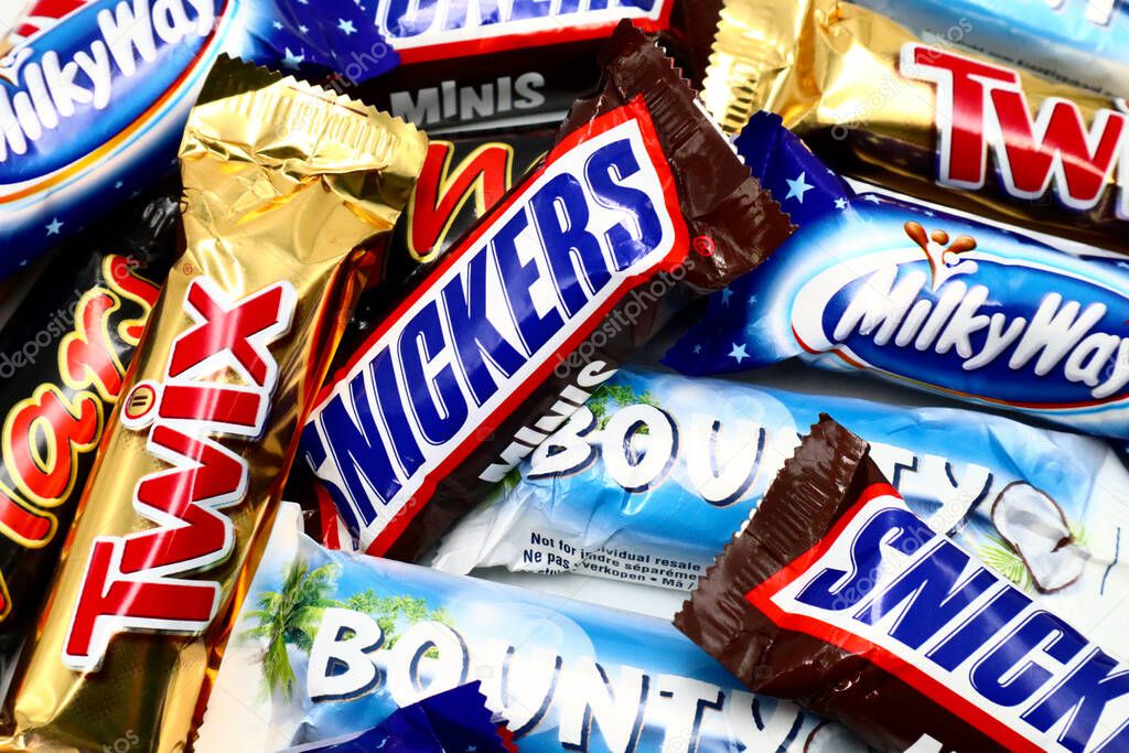 Rome, Italy  November 9, 2021: MARS, Twix, Bounty, Snickers and Milky way  chocolate bar isolated on white background. Mars is a brand of Mars Incorporated