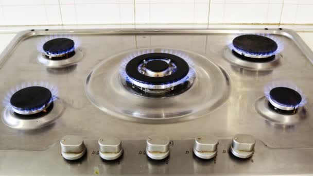 Aragaz Flăcări Arse Gaz Bucătărie Domestică Flăcări Albastre — Videoclip de stoc