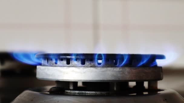 Gasfornuis Met Brandende Gasvlammen Huishoudelijke Keuken Met Blauwe Vlammen Branden — Stockvideo
