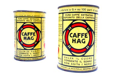 Pescara, İtalya 19 Ağustos 2019: HAG Coffee Vintage Teneke Kutusu. HAG, Jacobs Douwe Egberts markasıdır.