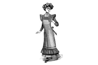 Beyaz arka planda elbiseli genç bir kadın. moda illüstrasyonu, kalem çizimi 