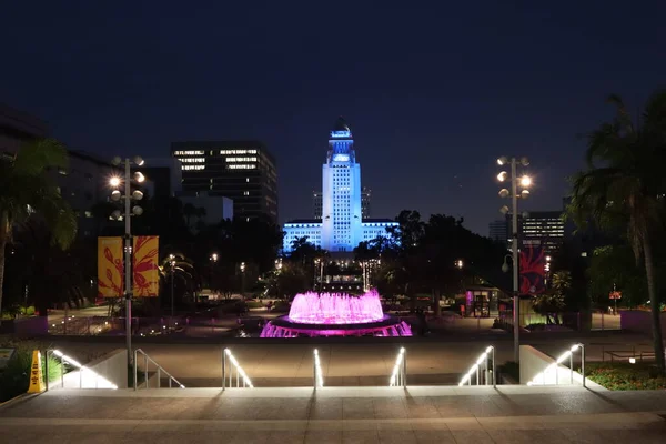 stock image Los Angeles, California - May 14, 2019: view of the City Hall by night from Grand Park located in the Civic Center of Los Angeles