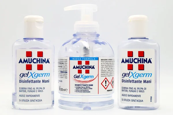 stock image Pescara, Italy  February 28, 2020: AMUCHINA Gel XGERM Hand Sanitizer to decrease infectious agent Virus, Fungi and Bacteria. AMUCHINA is an Italian brand of ACRAF ANGELINI Pharma