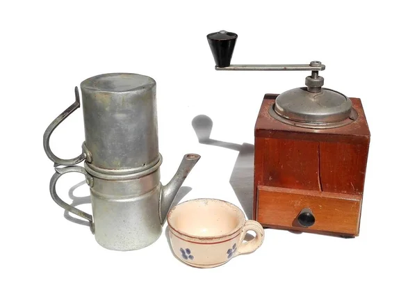 Aluminium Antique Coffeepot Pot Jug Creamer Coffee Grinder Tasses Terre — Photo