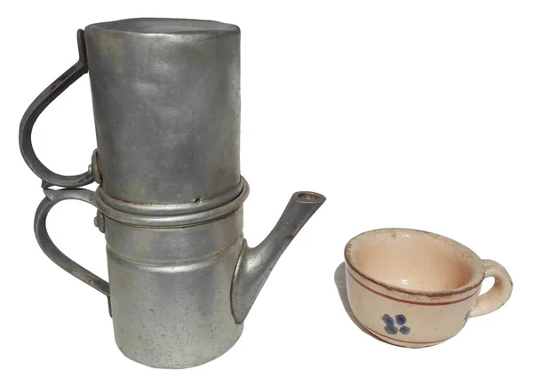 Alumínio Antigo Coffepot Pot Earthenware Coffee Cup — Fotografia de Stock