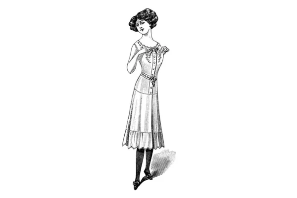 Młoda Kobieta Ubraniu Białym Tle Illust Mody Szkic Ołówka — Zdjęcie stockowe