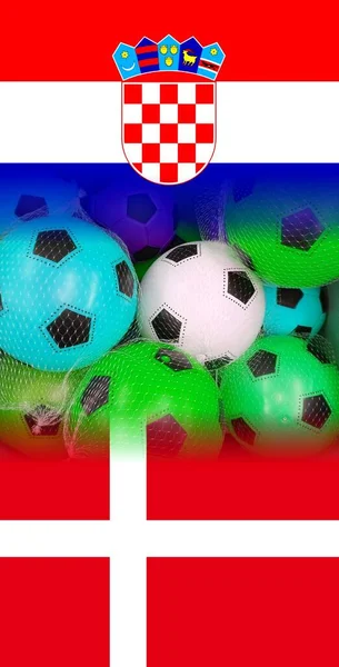 Kroatien Och Danmark Flaggor Med Färgglada Fotbollsbollar — Stockfoto