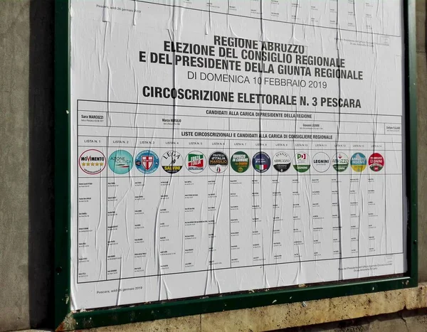 stock image Pescara, Italy - January 27, 2019: Election Wall Posters for the ABRUZZO Regional ELECTIONS of February 10, 2019 - List of Candidates and symbols of Political Parties