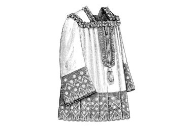 Klasik kadın kıyafetlerinin el çizimi, moda illüstrasyonu 