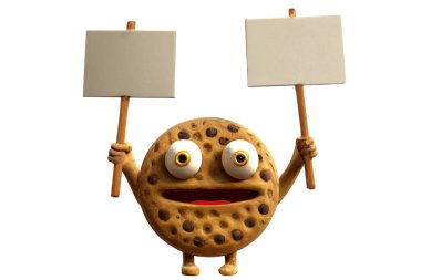 Metnin ya da tasarımın ile doldurulacak bir pankartla komik kurabiye - beyaz arkaplanda izole edilmiş 3D resim