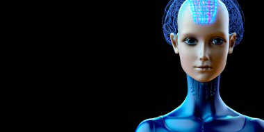 Cyber Girl humanoid robot with artificial intelligence  Digital 3D Illustration on black background