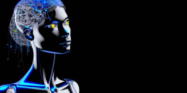 Cyber Girl humanoid robot with artificial intelligence  Digital 3D Illustration on black background
