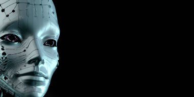 Cyber Girl humanoid robot with artificial intelligence  Digital 3D Illustration on black background