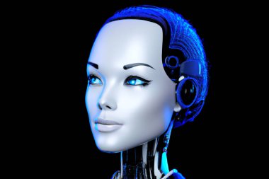 Cyber Girl humanoid robot with artificial intelligence  Digital 3D Illustration on black background