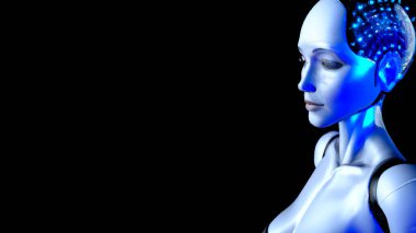 Cyber Girl humanoid robot with artificial intelligence  Digital 3D Illustration on black background