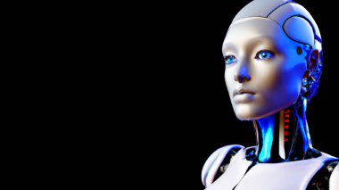 Cyber Girl humanoid robot with artificial intelligence  Digital 3D Illustration on black background
