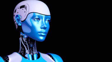 Cyber Girl humanoid robot with artificial intelligence  Digital 3D Illustration on black background
