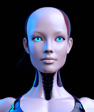 Cyber Girl humanoid robot with artificial intelligence  Digital 3D Illustration on black background