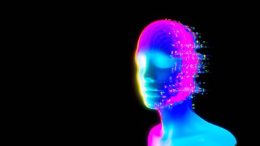 Human head made of pixels in neon holographic, virtual reality and artificial intelligence concept - Digital 3D illustration