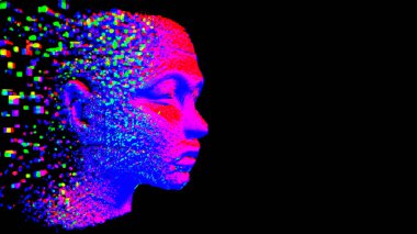 Human head made of pixels in neon holographic, virtual reality and artificial intelligence concept - Digital 3D illustration