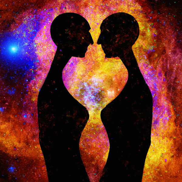 Two Aliens silhouettes at abstract cosmic background. Aliens souls couple in love and spiritual life concept