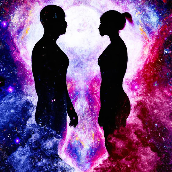 Man Woman Silhouettes Abstract Cosmic Background Human Souls Couple Love — Stockfoto