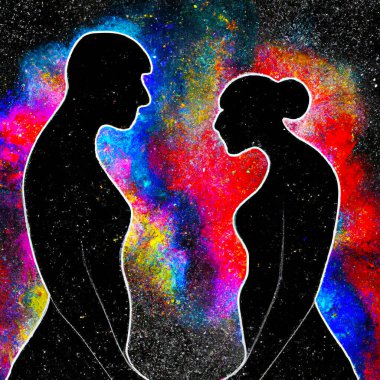 Man and Woman silhouettes at abstract cosmic background. Human souls couple in love and spiritual life concept