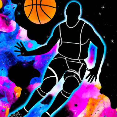 Basketball Player Silhouette at abstract cosmic background  Digital Abstract Illustration