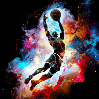 Basketball Player Silhouette at abstract cosmic background  Digital Abstract Illustration
