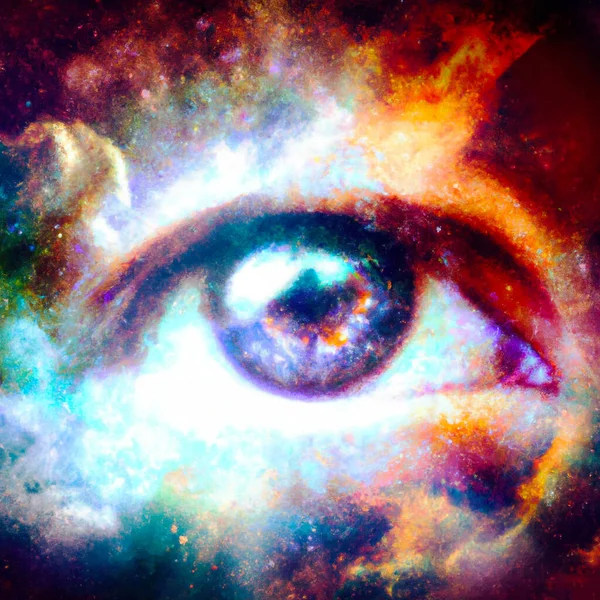 Colorful Human Eye close up with nebula galaxy, abstract cosmic background - Digital Illustration
