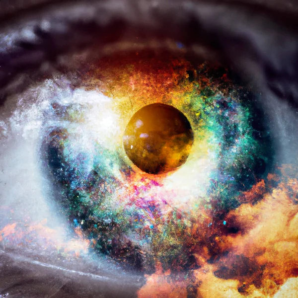 Colorful Human Eye close up with nebula galaxy, abstract cosmic background - Digital Illustration