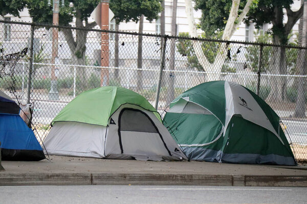 Los Angeles, California, USA - May 24, 2023: Homeless houses in downtown Los Angeles