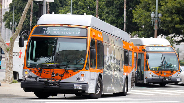 Los Angeles, California, USA - May 24, 2023: LA Metro Bus Transit, Public Transport of Los Angeles County (MTA - LA County Metropolitan Transit Authority) 