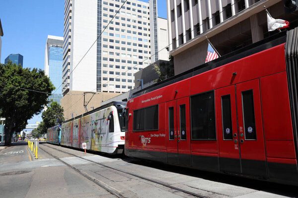 SAN DIEGO, California - June 30, 2023: San Diego MTS Metropolitan Transit System Trolley