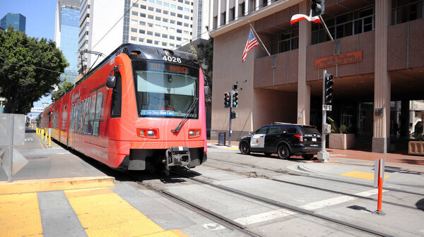 SAN DIEGO, California - June 30, 2023: San Diego MTS Metropolitan Transit System Trolley
