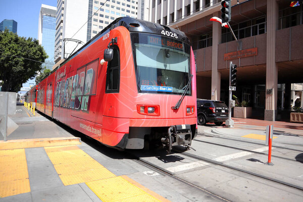 SAN DIEGO, California - June 30, 2023: San Diego MTS Metropolitan Transit System Trolley