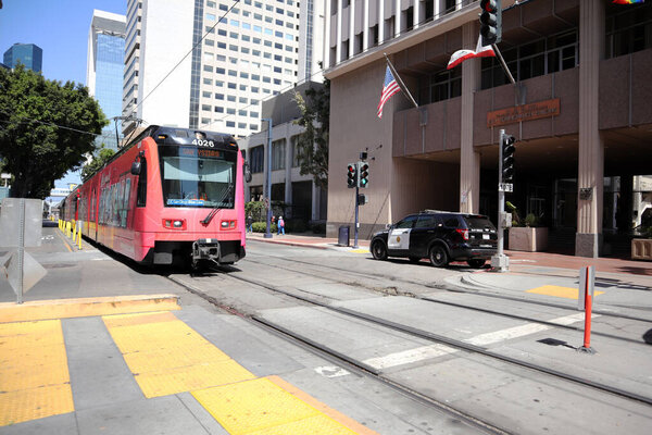 SAN DIEGO, California - June 30, 2023: San Diego MTS Metropolitan Transit System Trolley