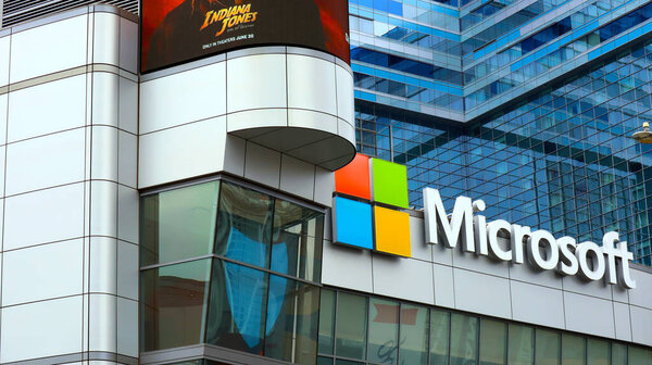 Los Angeles, California  June 8, 2023: Microsoft logo at Microsoft Theater, XBOX PLAZA in front of the crypto.com Arena, downtown of Los Angeles