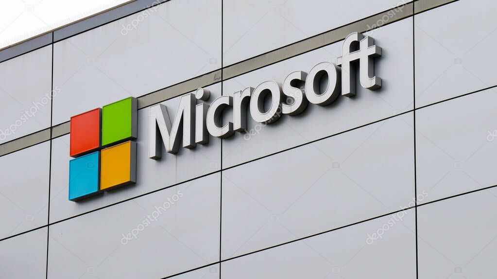 Los Angeles, California  June 8, 2023: Microsoft logo at Microsoft Theater, XBOX PLAZA in front of the crypto.com Arena, downtown of Los Angeles
