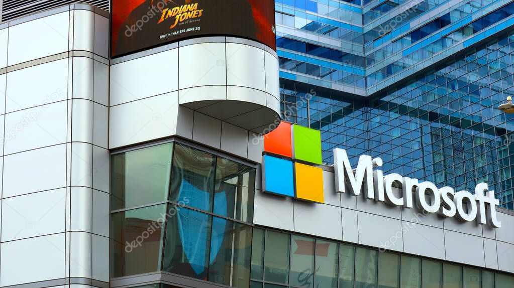 Los Angeles, California  June 8, 2023: Microsoft logo at Microsoft Theater, XBOX PLAZA in front of the crypto.com Arena, downtown of Los Angeles