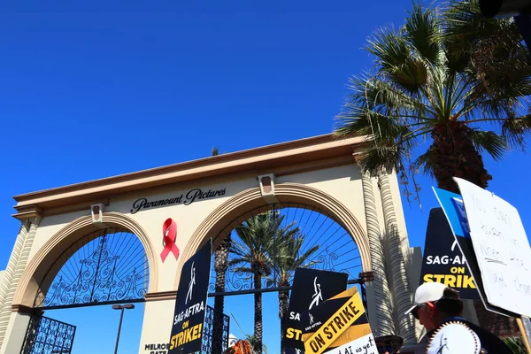 stock image Los Angeles, California, United States. 5th Oct, 2023. Striking Members of SAG-AFTRA and other union supporters picket outside Paramount Pictures on Melrose Ave. Nearly all television or film actors joined the Writers Guild of America 