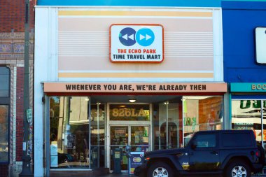 Los Angeles, California  December 5, 2023: The Echo Park Time Travel Mart. Non-profit Time Travel Mart sells goods you would need for a trip through the fourth dimension