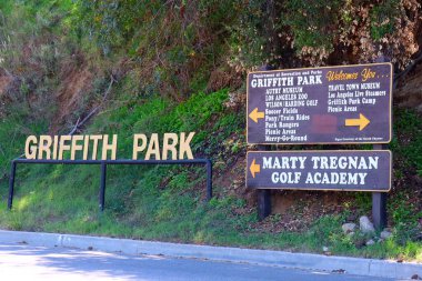 Los Angeles, California - October 3, 2023: : Griffith Park sign of Autry Museum, Los Angeles Zoo, Travel Town Museum, Wilson Harding Golf, Marty Tregnan Golf Academy, Los Angeles Live Steamers