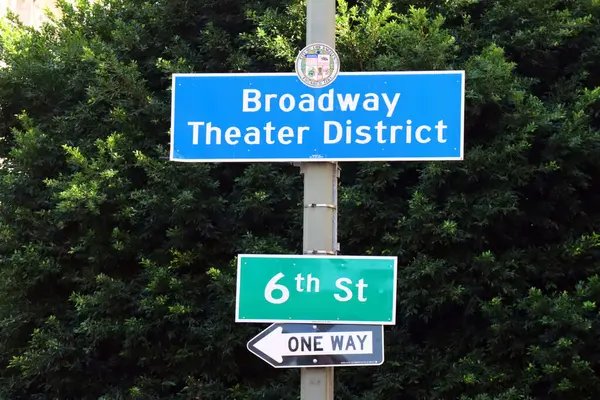 Los Angeles, California  October 11, 2023: Broadway Theater District sign. The Broadway Theater District in the Historic Core of Downtown Los Angeles with twelve Theater palaces.