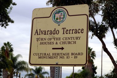 Los Angeles, California  November 20, 2023: Alvarado Terrace Historical District sign. Six homes and a church in the district designated as Los Angeles Historic Cultural Monuments