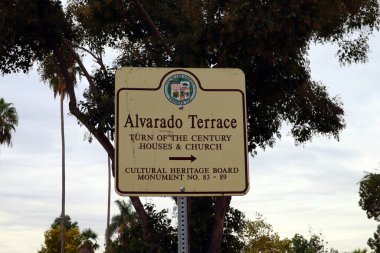 Los Angeles, California  November 20, 2023: Alvarado Terrace Historical District sign. Six homes and a church in the district designated as Los Angeles Historic Cultural Monuments