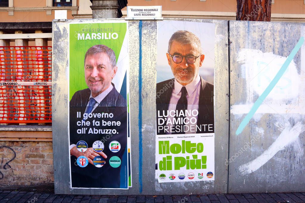 Abruzzo, Italy - March 3, 2024: Election Wall Posters for the ABRUZZO Regional ELECTIONS of March 10, 2024. Candidates and symbols of Political Parties