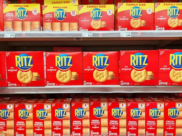 stock image Los Angeles, California - May 9, 2024: RITZ Crackers on a shelf in a supermarket. Ritz is a brand introduced by Nabisco in 1934 and owned by Mondelez International
