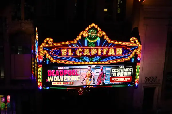 stock image Hollywood, Los Angeles, California - July 9, 2024: The El Capitan Theatre by night located at 6838 Hollywood Blvd